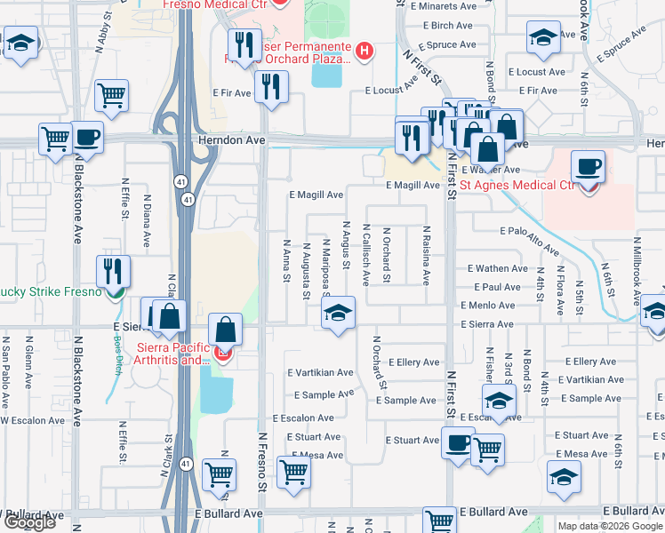 map of restaurants, bars, coffee shops, grocery stores, and more near 6528 North Mariposa Street in Fresno