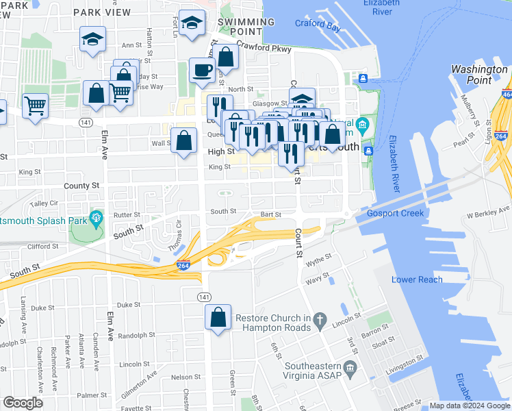 map of restaurants, bars, coffee shops, grocery stores, and more near 540 South Street in Portsmouth
