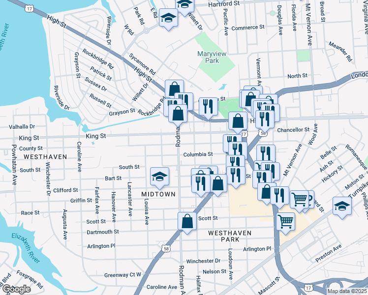 map of restaurants, bars, coffee shops, grocery stores, and more near 3615 County St in Portsmouth