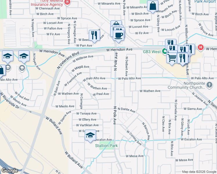map of restaurants, bars, coffee shops, grocery stores, and more near 5532 West Wathen Avenue in Fresno