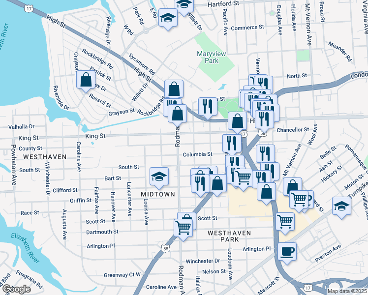 map of restaurants, bars, coffee shops, grocery stores, and more near 3615 County St in Portsmouth