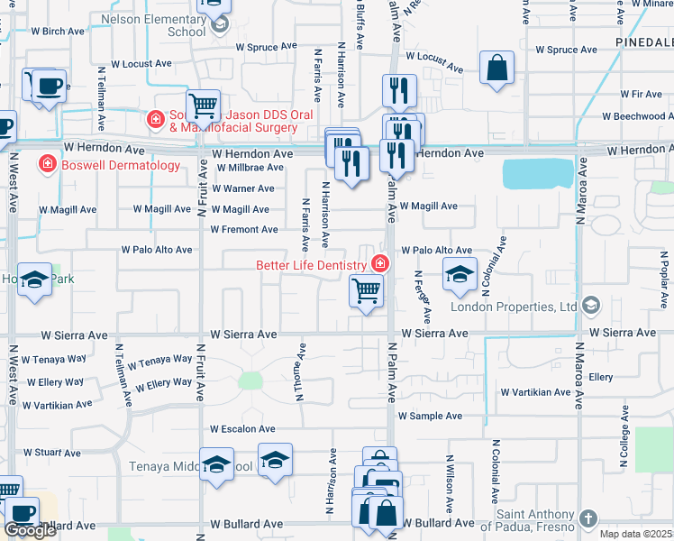 map of restaurants, bars, coffee shops, grocery stores, and more near 6545 North Safford Avenue in Fresno