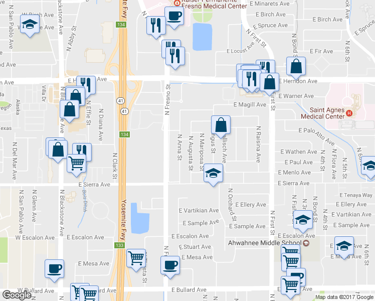 map of restaurants, bars, coffee shops, grocery stores, and more near 6529 North Augusta Street in Fresno