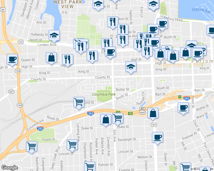 map of restaurants, bars, coffee shops, grocery stores, and more near 1217 Columbia Street in Portsmouth