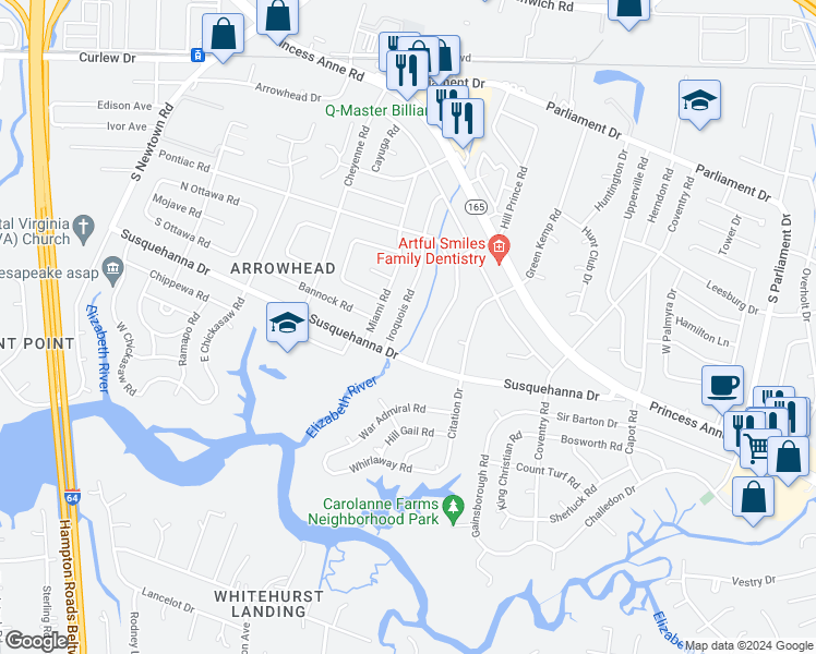 map of restaurants, bars, coffee shops, grocery stores, and more near 252 Iroquois Road in Virginia Beach