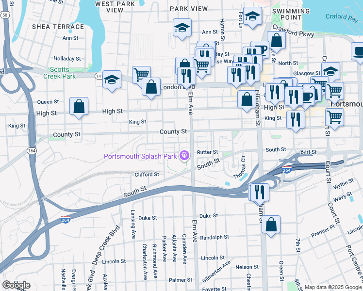 map of restaurants, bars, coffee shops, grocery stores, and more near 1217 Columbia Street in Portsmouth