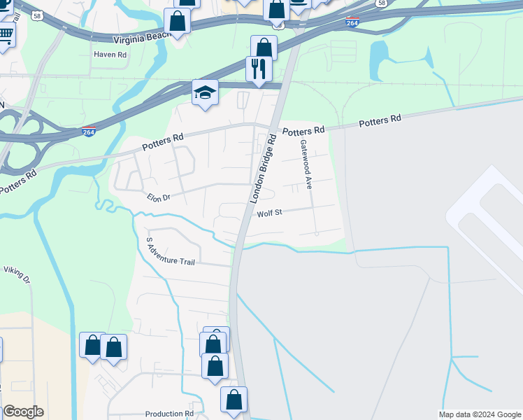 map of restaurants, bars, coffee shops, grocery stores, and more near 2270 Wolf Street in Virginia Beach