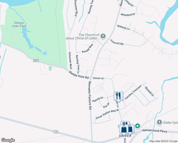 map of restaurants, bars, coffee shops, grocery stores, and more near 120 Dawson Lake Lane in Suffolk