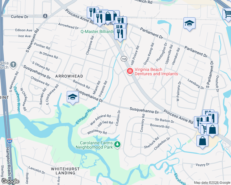map of restaurants, bars, coffee shops, grocery stores, and more near 264 Hill Prince Road in Virginia Beach
