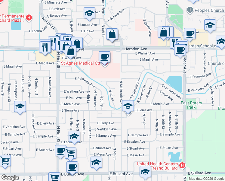 map of restaurants, bars, coffee shops, grocery stores, and more near 1353 East Paul Avenue in Fresno