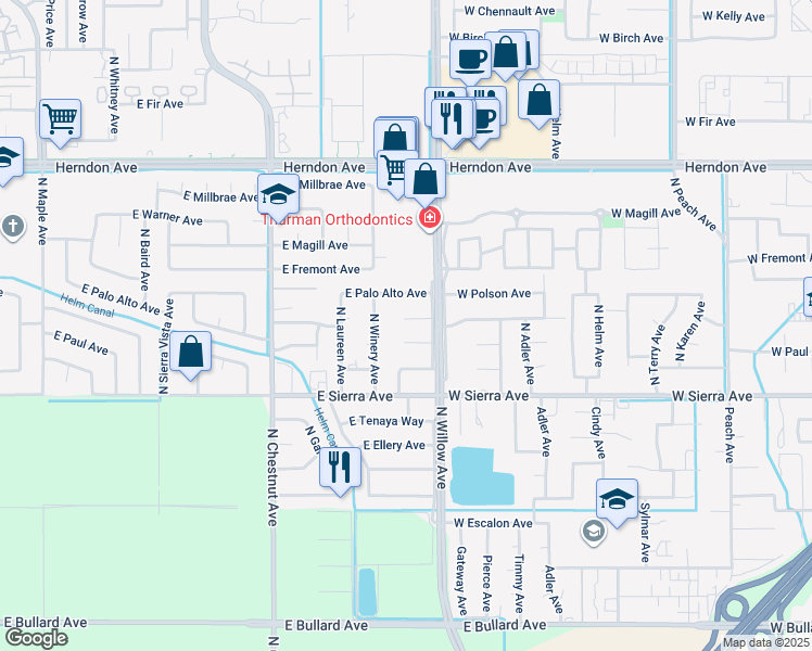 map of restaurants, bars, coffee shops, grocery stores, and more near 3267 East Los Altos Avenue in Fresno