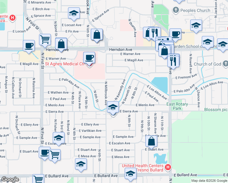 map of restaurants, bars, coffee shops, grocery stores, and more near 6527 North Kennedy Avenue in Fresno