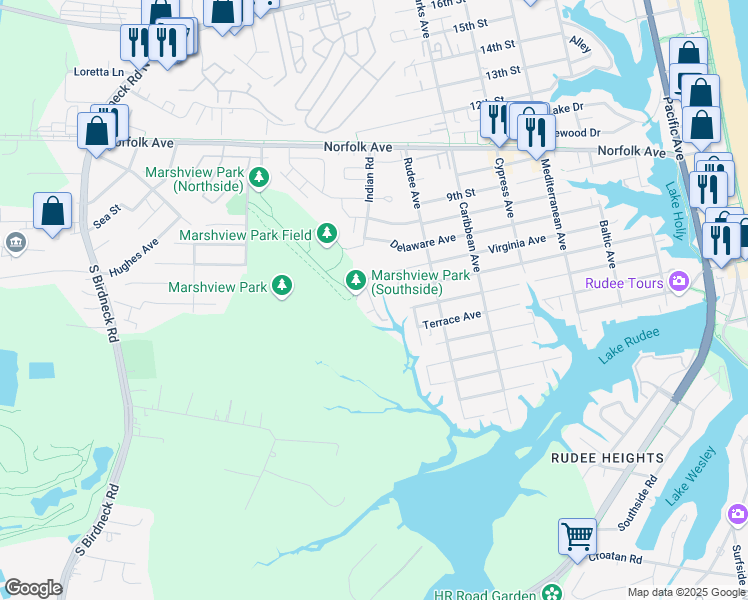 map of restaurants, bars, coffee shops, grocery stores, and more near 617 Sea Oats Way in Virginia Beach