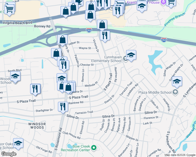 map of restaurants, bars, coffee shops, grocery stores, and more near 228 Colonel Circle in Virginia Beach