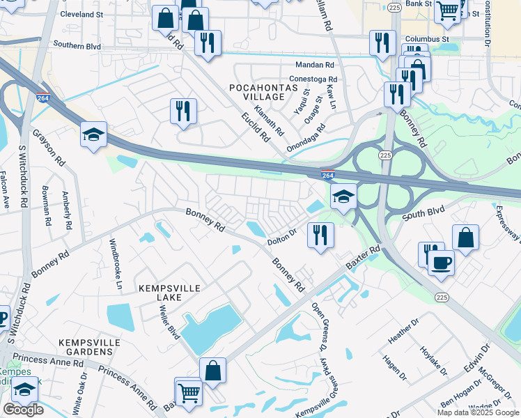 map of restaurants, bars, coffee shops, grocery stores, and more near 4884 Travertine Avenue in Virginia Beach