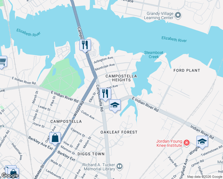 map of restaurants, bars, coffee shops, grocery stores, and more near 905 Oakwood Street in Norfolk