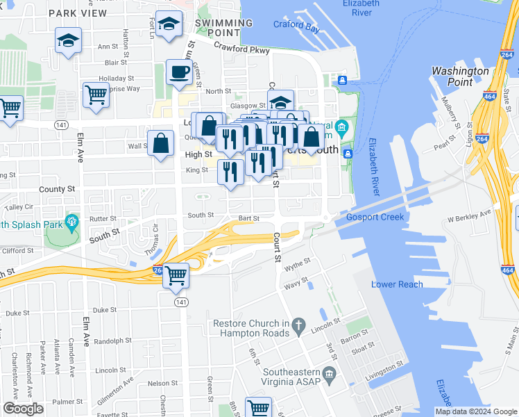 map of restaurants, bars, coffee shops, grocery stores, and more near 434 South Street in Portsmouth