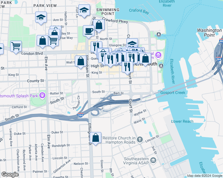 map of restaurants, bars, coffee shops, grocery stores, and more near 546 South Street in Portsmouth