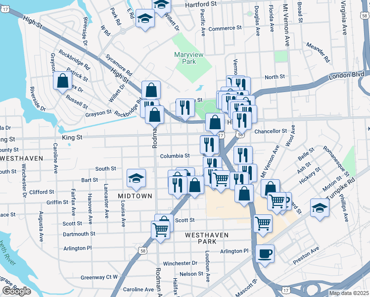 map of restaurants, bars, coffee shops, grocery stores, and more near 3509 County Street in Portsmouth