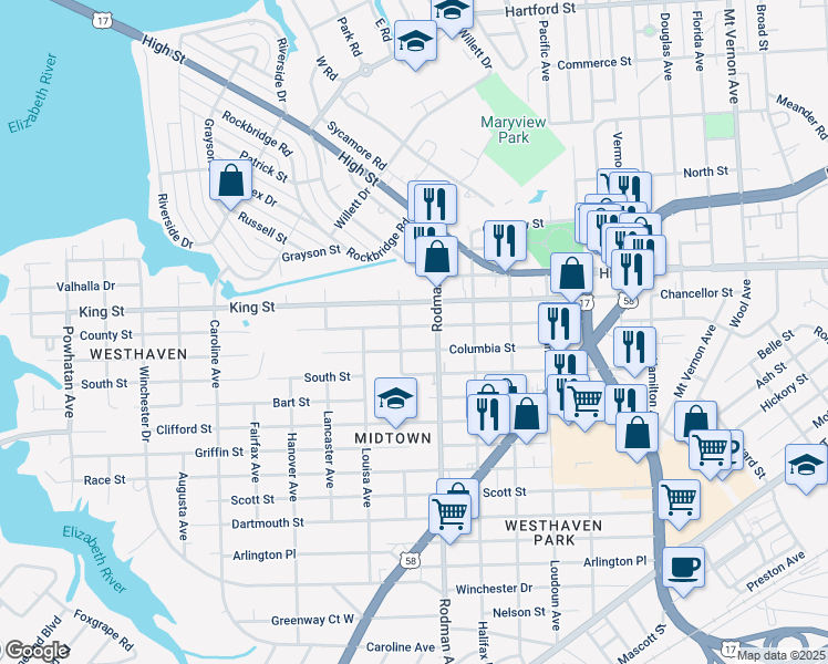 map of restaurants, bars, coffee shops, grocery stores, and more near 3709 County Street in Portsmouth