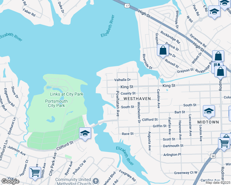 map of restaurants, bars, coffee shops, grocery stores, and more near 4700 County Street in Portsmouth