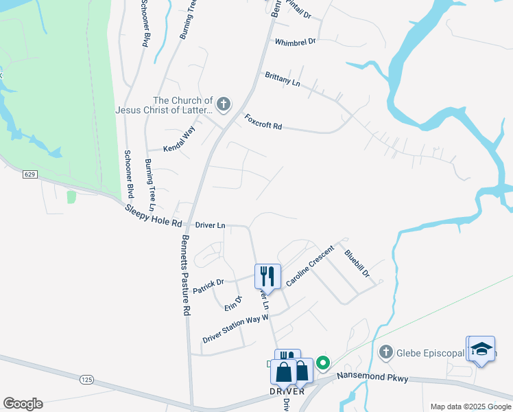 map of restaurants, bars, coffee shops, grocery stores, and more near 219 King Charles Court in Suffolk