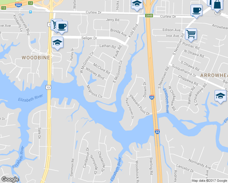 map of restaurants, bars, coffee shops, grocery stores, and more near 326 East McGinnis Circle in Norfolk