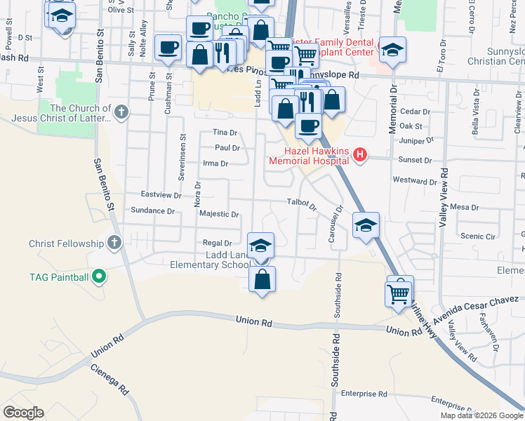 map of restaurants, bars, coffee shops, grocery stores, and more near 1960 Eldene Drive in Hollister