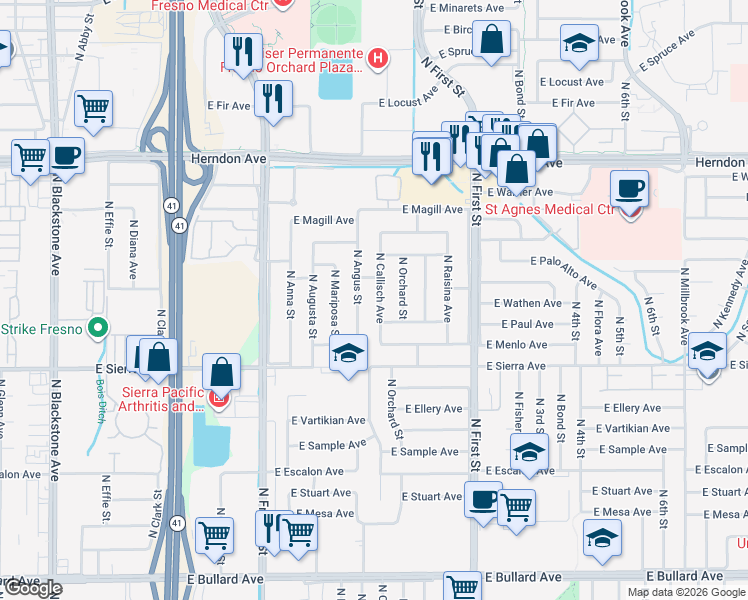 map of restaurants, bars, coffee shops, grocery stores, and more near 6527 North Callisch Avenue in Fresno