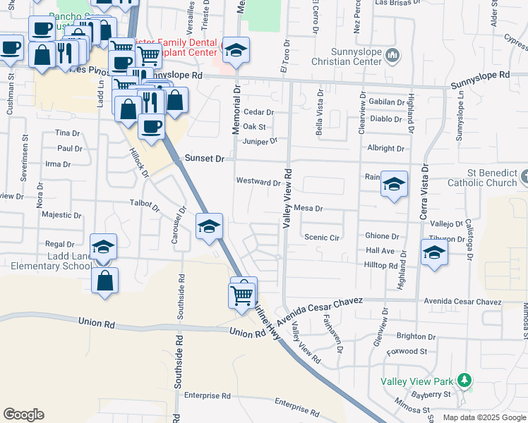 map of restaurants, bars, coffee shops, grocery stores, and more near 1103 Crescent Lane in Hollister