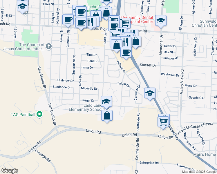 map of restaurants, bars, coffee shops, grocery stores, and more near 1950 Eldene Drive in Hollister