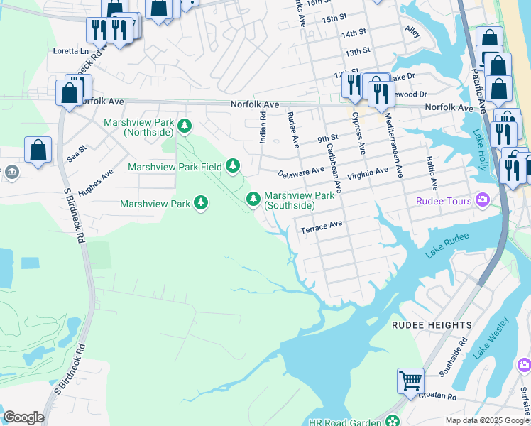 map of restaurants, bars, coffee shops, grocery stores, and more near 612 Sea Oats Way in Virginia Beach