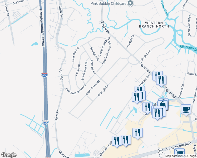 map of restaurants, bars, coffee shops, grocery stores, and more near 2500 Drum Creek Road in Chesapeake