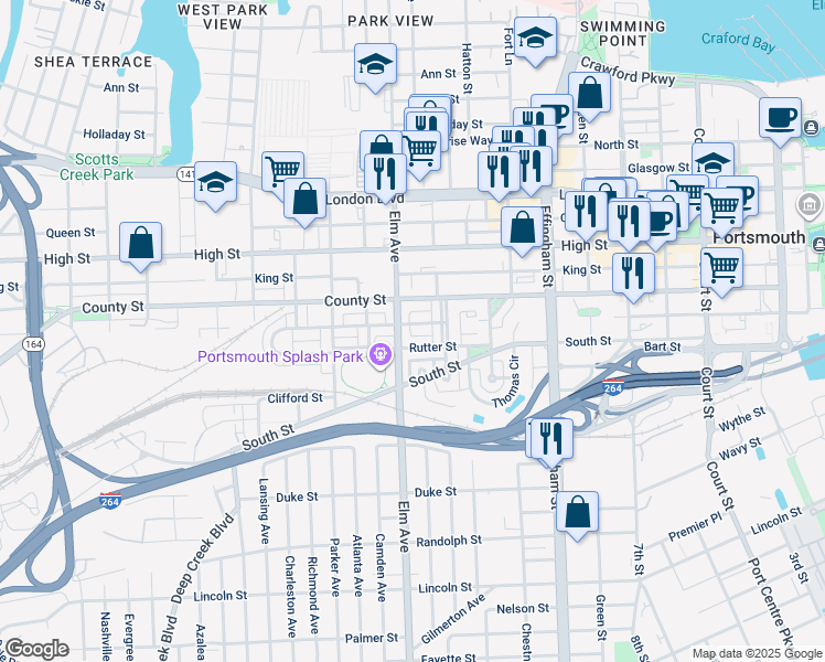 map of restaurants, bars, coffee shops, grocery stores, and more near 1125 Columbia Street in Portsmouth