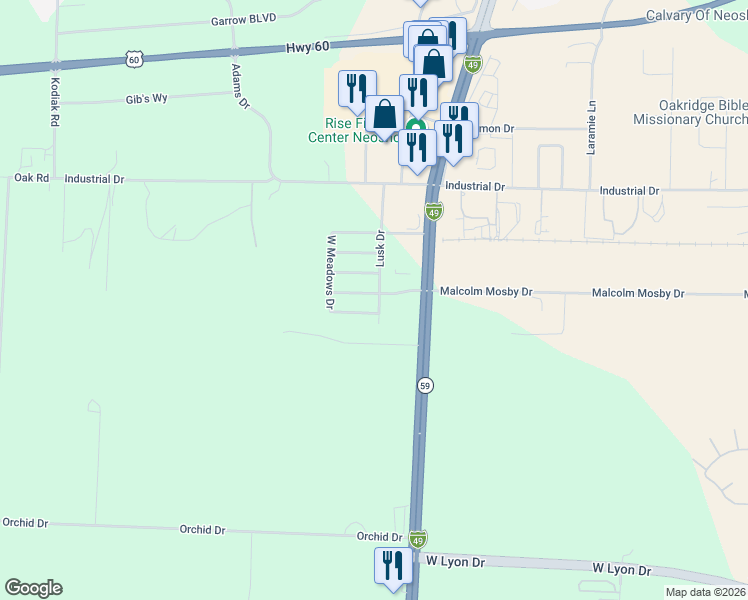 map of restaurants, bars, coffee shops, grocery stores, and more near 1811 Malcom Mosby Drive in Neosho