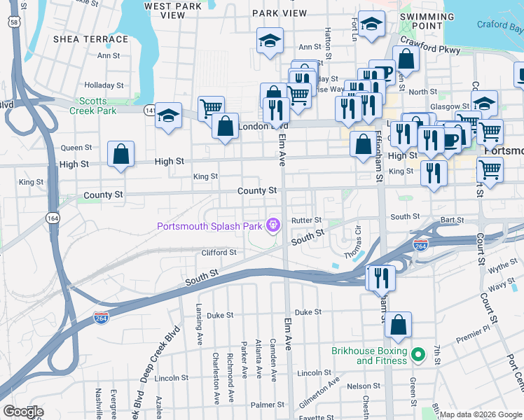 map of restaurants, bars, coffee shops, grocery stores, and more near 1309 Columbia Street in Portsmouth