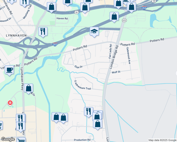 map of restaurants, bars, coffee shops, grocery stores, and more near 243 Cheltenham Drive in Virginia Beach