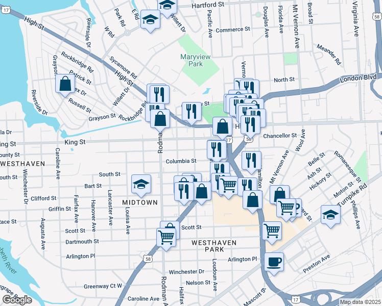 map of restaurants, bars, coffee shops, grocery stores, and more near 3509 County Street in Portsmouth