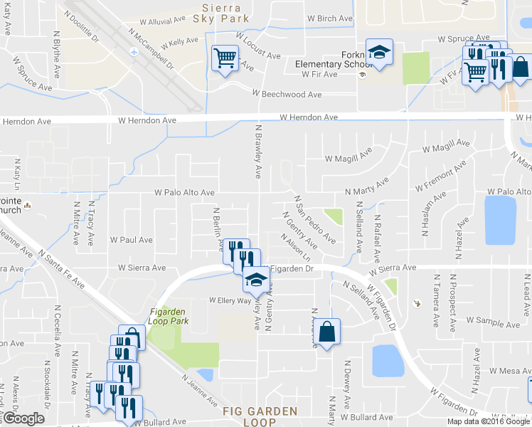 map of restaurants, bars, coffee shops, grocery stores, and more near 3770 W Wathen Ave in Fresno