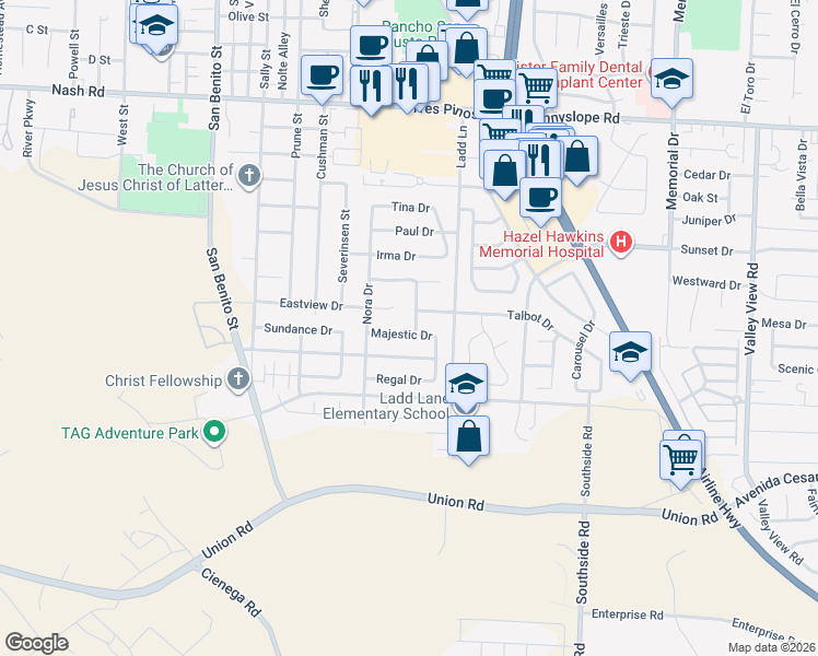 map of restaurants, bars, coffee shops, grocery stores, and more near 1990 Olga Drive in Hollister