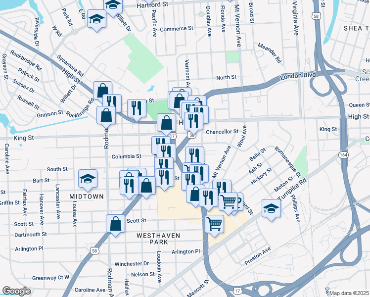 map of restaurants, bars, coffee shops, grocery stores, and more near 606 Airline Boulevard in Portsmouth