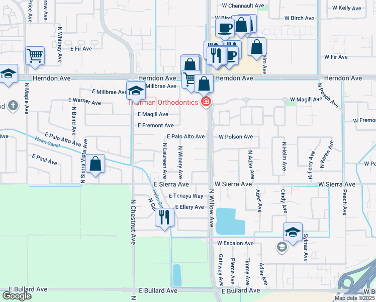 map of restaurants, bars, coffee shops, grocery stores, and more near 3267 East Los Altos Avenue in Fresno