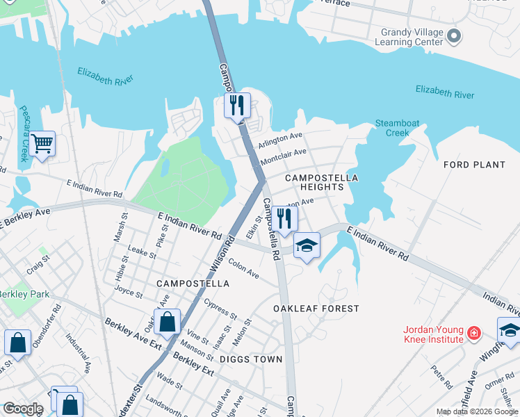 map of restaurants, bars, coffee shops, grocery stores, and more near 902 Wilson Road in Norfolk