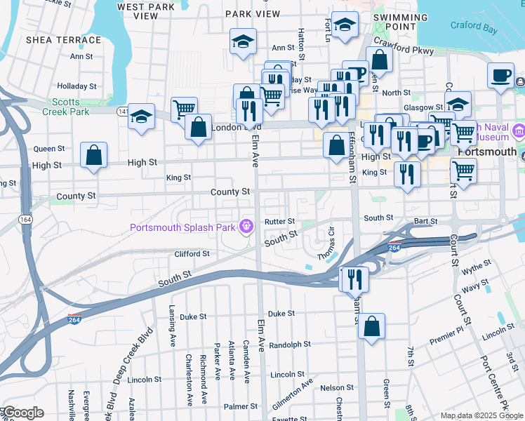 map of restaurants, bars, coffee shops, grocery stores, and more near 1127 Columbia Street in Portsmouth