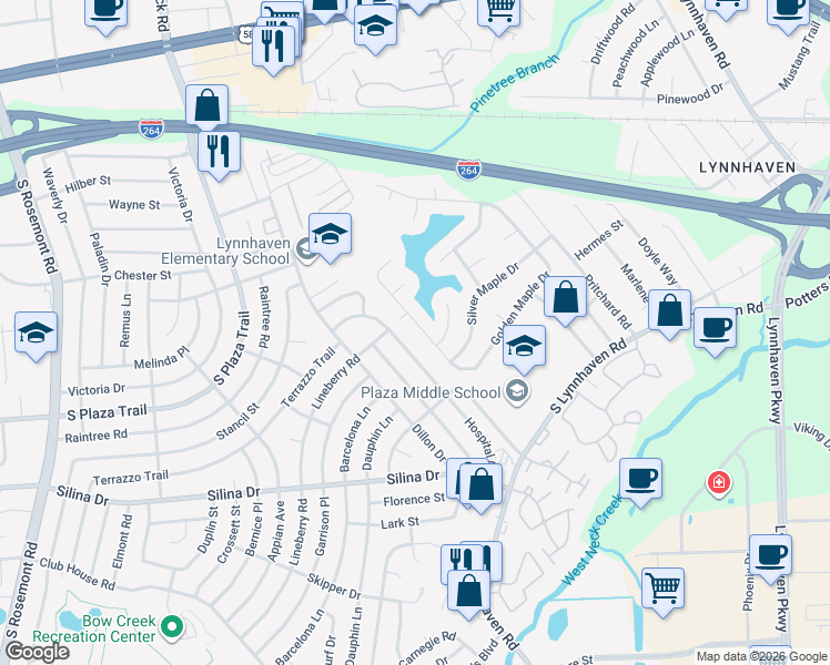 map of restaurants, bars, coffee shops, grocery stores, and more near 340 Golden Maple Drive in Virginia Beach