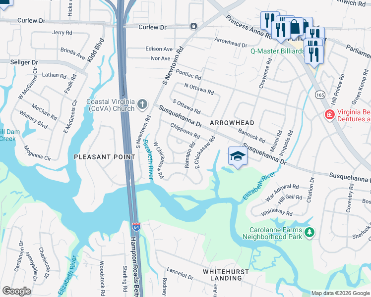map of restaurants, bars, coffee shops, grocery stores, and more near 5700 Caddoan Road in Virginia Beach