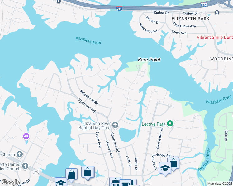 map of restaurants, bars, coffee shops, grocery stores, and more near 3548 Bow Street in Virginia Beach