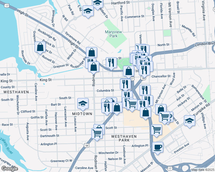 map of restaurants, bars, coffee shops, grocery stores, and more near 3509 County Street in Portsmouth