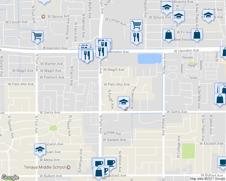map of restaurants, bars, coffee shops, grocery stores, and more near 722 West Paul Avenue in Fresno