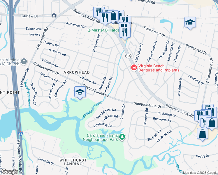 map of restaurants, bars, coffee shops, grocery stores, and more near 252 Iroquois Road in Virginia Beach